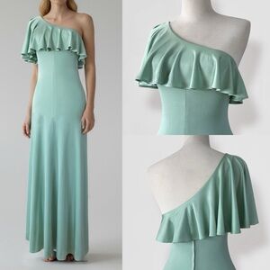 Vtg 70s Maxi Dress 10 Mint Green One Shoulder Ruffle Fairy Goddess Prom Gown